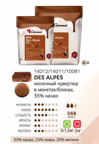 1,5 кг — Des Alpes 35% Молочный шоколад в галетах из серии SWISS TOP | CARMA 14011